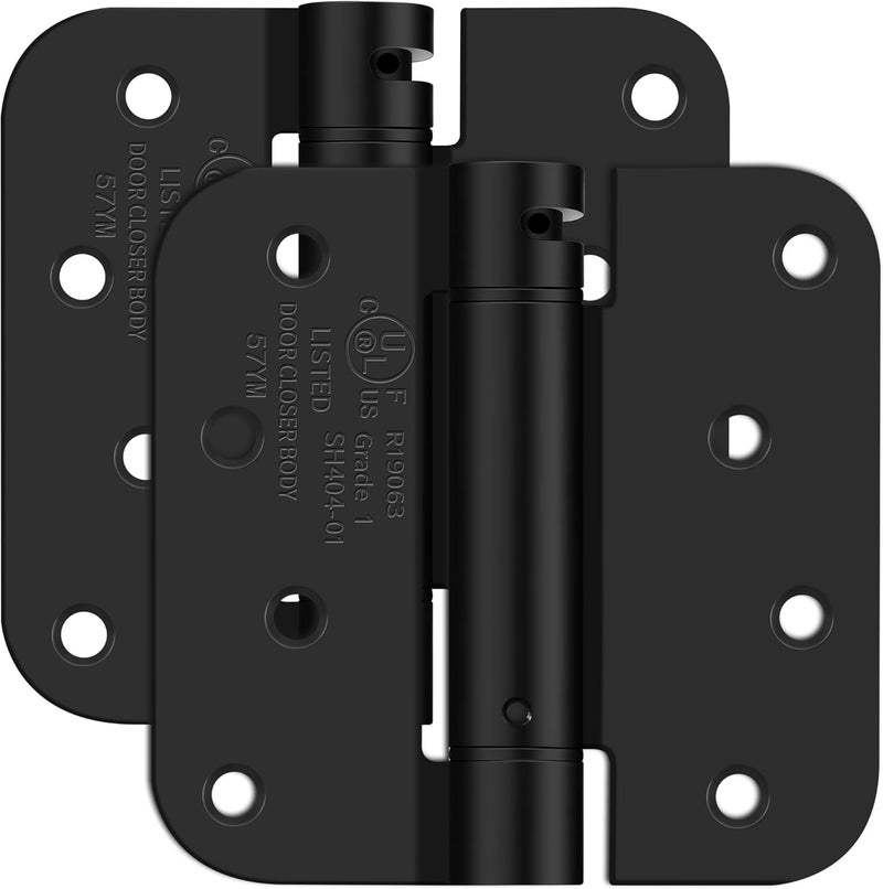 IOQ 4 Inch Self Closing Door Hinges, 5/8" Radius Corners Spring Loaded Hinges for Exterior, Garage, Front and Back Door, UL Listed, for Left and Right Hand Door, Matte Black, 2 Pack - Image 1